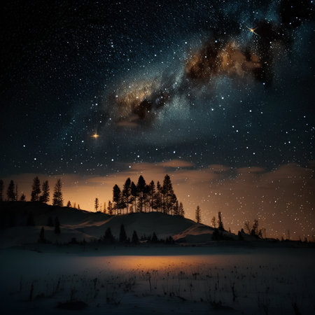 Milky way over winter mountain landscape with pine trees and starry skyの素材