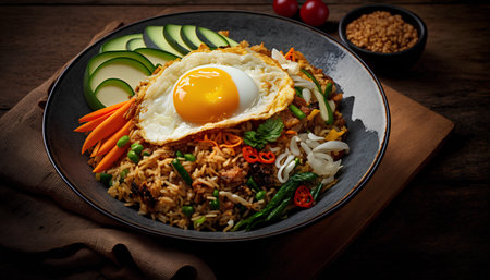 Korean food Stir-fried rice with pork and egg on wooden backgroundの素材