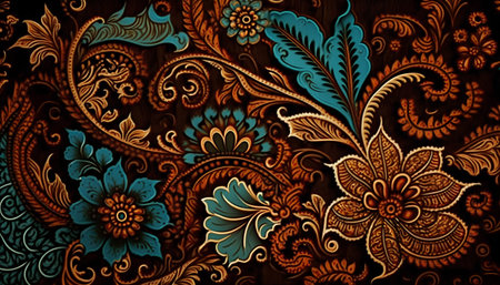 floral paisley pattern on wooden background, indian styleの素材
