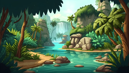 Illustration of a beautiful tropical jungle with a waterfall in the backgroundの素材