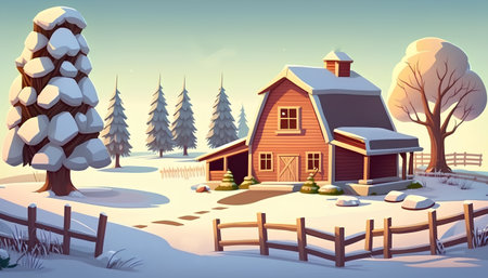 Cartoon winter landscape with wooden house and fence. Vector illustration.の素材