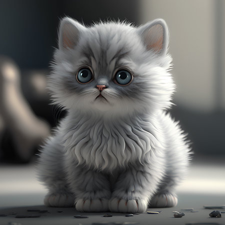 Siberian kitten with blue eyes sitting on the floor. 3D rendering.の素材