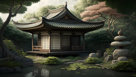 3d rendering of japanese temple in the garden with pondの素材