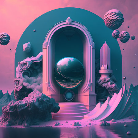 3d render, abstract fantasy landscape with a fantasy portal and a planetの素材