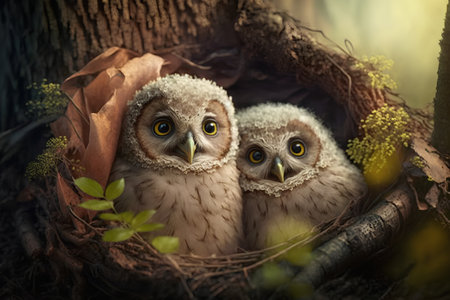 Two owls in the nest on a background of the forest.の素材