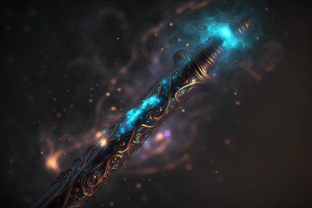 Digital illustration of a saber in space with blue fire and smokeの素材