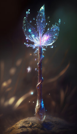 Fantasy magic wand with a glowing dragonfly. 3d renderingの素材