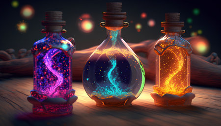 Magic potion in bottles with fire inside. 3d render illustration.の素材