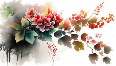 greeting card with watercolor flowers in style sumi-e, u-sinの素材