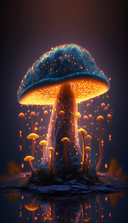 3d illustration of a mushroom with yellow and blue lights in itの素材