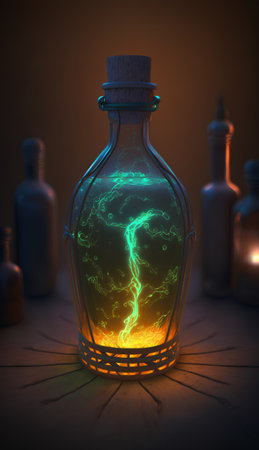 3d render of magic potion in a bottle with lightning and smokeの素材