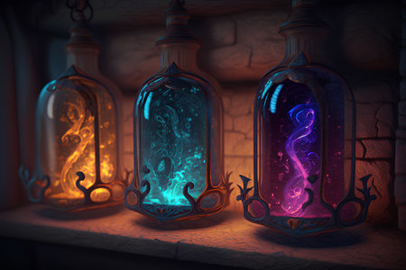 Magic potion in old magic potion bottles. 3d render illustration.の素材