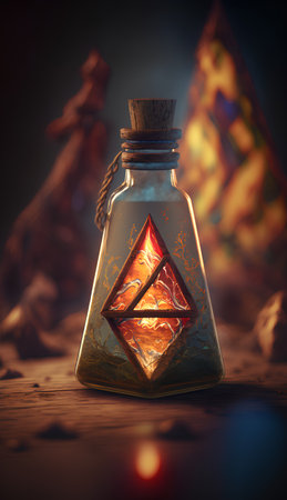 Magic potion in a bottle on a wooden table. 3d renderingの素材