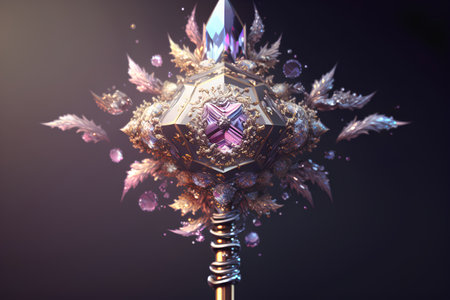 3d illustration of fantasy crystal object with floral pattern and magic wandの素材