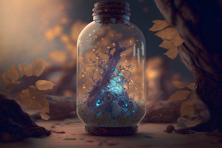 Magic potion in a bottle on a wooden table. 3d renderingの素材