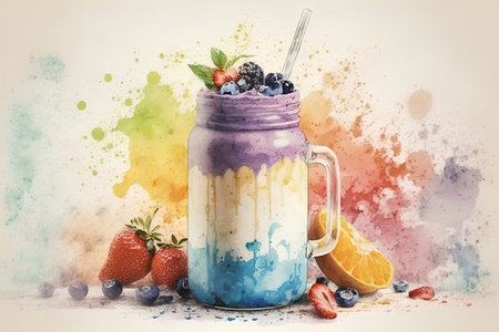 Blueberry smoothie in a mason jar with watercolor splashesの素材