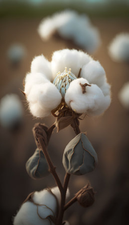 Cotton flower in the field, soft focus, natural background.の素材