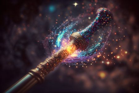 Digital illustration of magic wand in space with fire effect. 3D renderingの素材