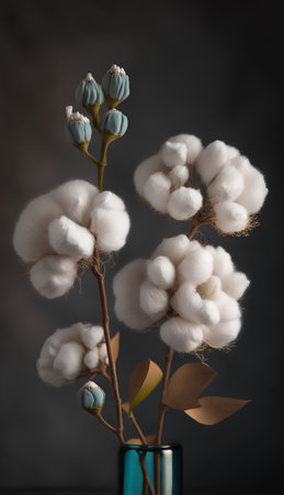 Cotton flowers in a vase on a dark background. Still lifeの素材