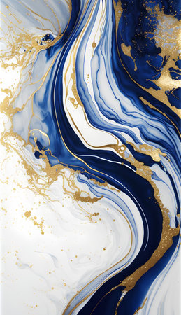 Blue and golden liquid texture. Ink marble pattern. Vector illustration.の素材