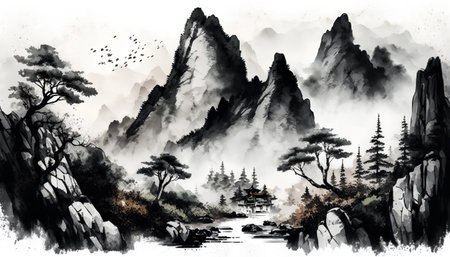 Landscape of mountain and lake with fog. Digital watercolor paintingの素材