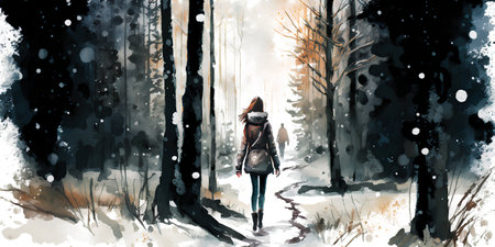 Beautiful young woman walking in winter forest. Digital watercolor paintingの素材