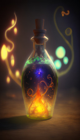 Magic potion in a magic bottle with a fire inside. 3D renderingの素材