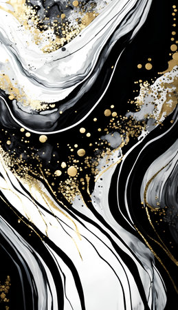 Black and white marble texture with gold glitter. Watercolor hand drawn marbling illustration.の素材