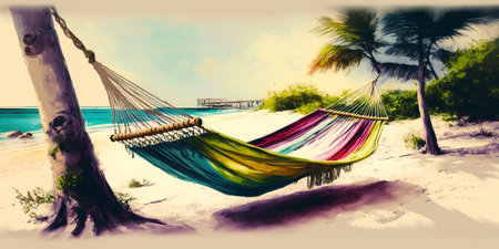 Hammock on the beach in the tropics. Digital paintingの素材
