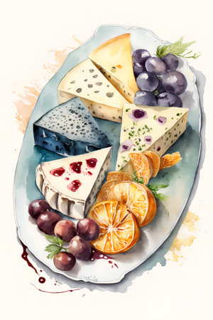 Cheese platter with grapes and oranges. Watercolor hand drawn illustrationの素材