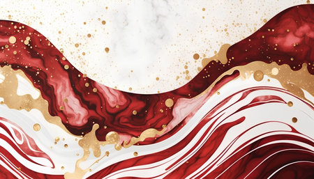 Marble abstract background with red, white and gold paint splashesの素材
