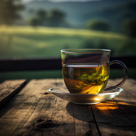 Cup of tea on a wooden table in front of a beautiful landscapeの素材
