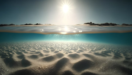 Underwater scene with sand dunes and sun at the horizon.の素材