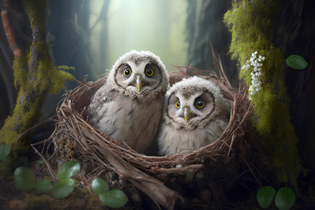 Two owls in a nest on a background of a forest.の素材