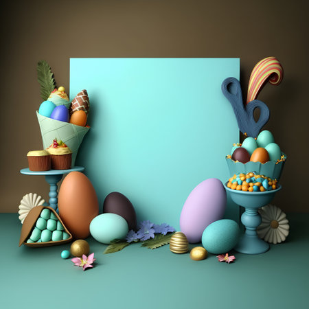 Easter background with easter eggs and cake, 3d renderの素材