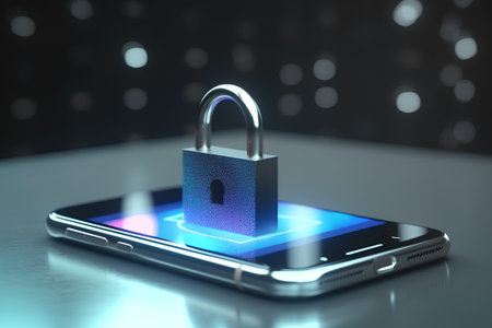 Padlock on smart phone screen. Cyber security concept. 3d renderの素材