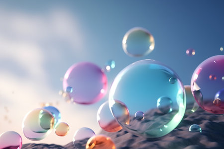 Colorful soap bubbles floating on blue sky background, 3d renderの素材