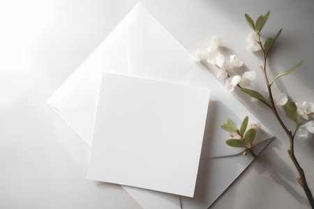 Blank greeting card and envelope on white background. Flat lay.の素材