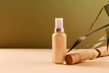 cosmetic bottle on a beige background with bamboo sticks and palm leavesの素材