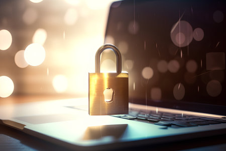 Laptop with padlock and bokeh background. Security conceptの素材