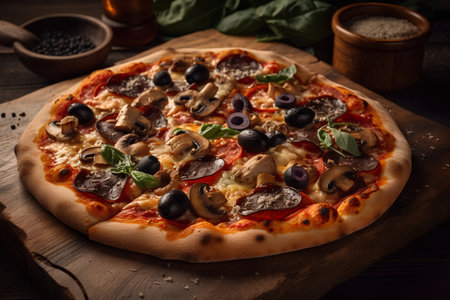 Pizza with mushrooms, olives and basil on a wooden backgroundの素材