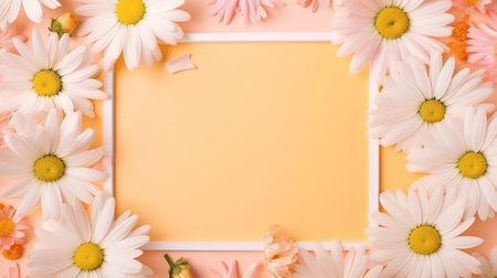 Frame of daisies on a yellow background with space for textの素材