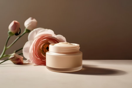 Cosmetic cream in a jar with a flower on a beige backgroundの素材
