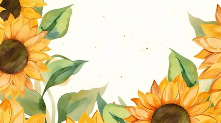 Watercolor sunflowers on white background with place for your textの素材