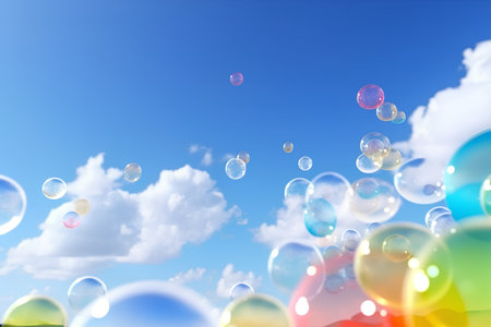 Soap bubbles against the blue sky with clouds. Vector illustration.の素材