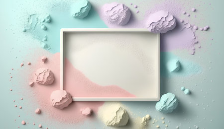 3d rendering of white square frame with pink and turquoise powder explosionの素材