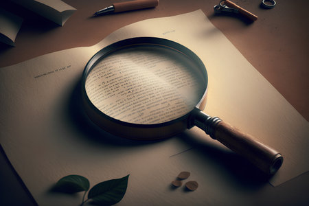 Magnifying glass and old book with green leafs on brown backgroundの素材