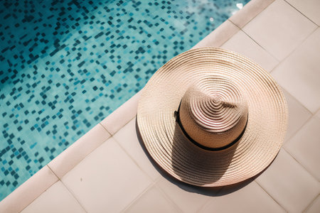 Straw hat on swimming pool in luxury hotel resort - vintage filterの素材