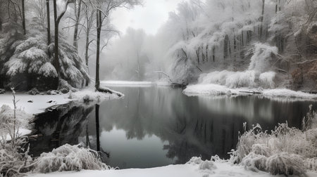 winter landscape with a river and trees in hoarfrost and snowの素材