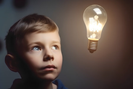 Little boy looking up at lightbulb above his head, conceptual imageの素材